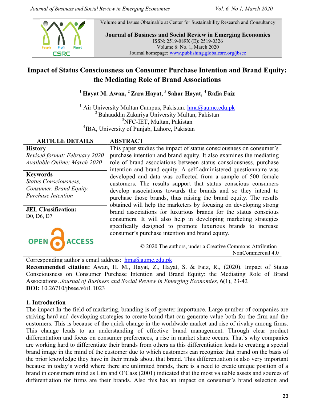 Impact of Status Consciousness on Consumer Purchase Intention and Brand Equity: the Mediating Role of Brand Associations