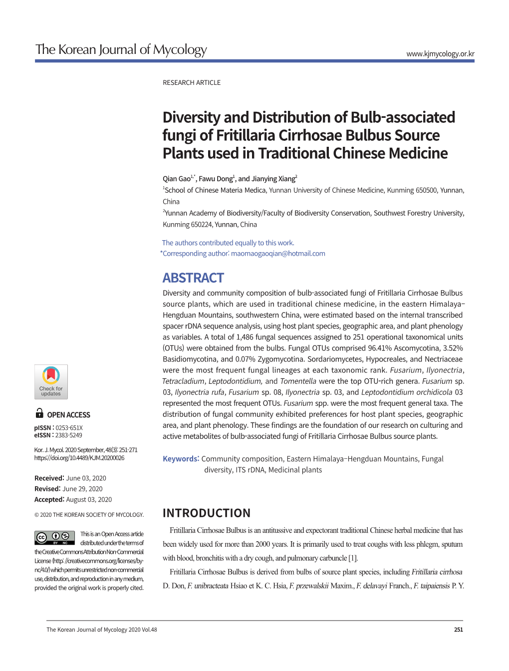 Diversity and Distribution of Bulb-Associated Fungi of Fritillaria Cirrhosae Bulbus Source Plants Used in Traditional Chinese Medicine