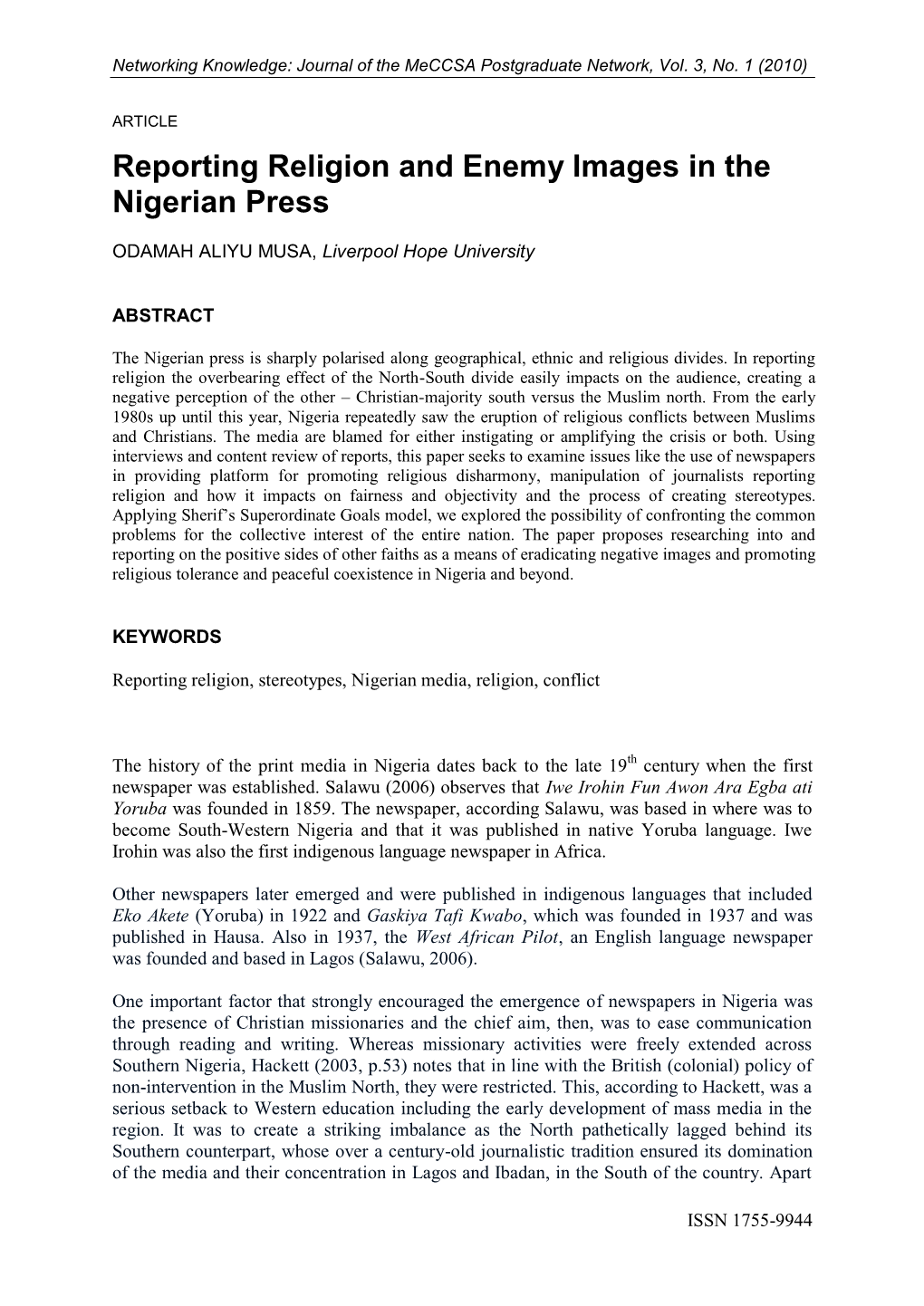 Reporting Religion and Enemy Images in the Nigerian Press