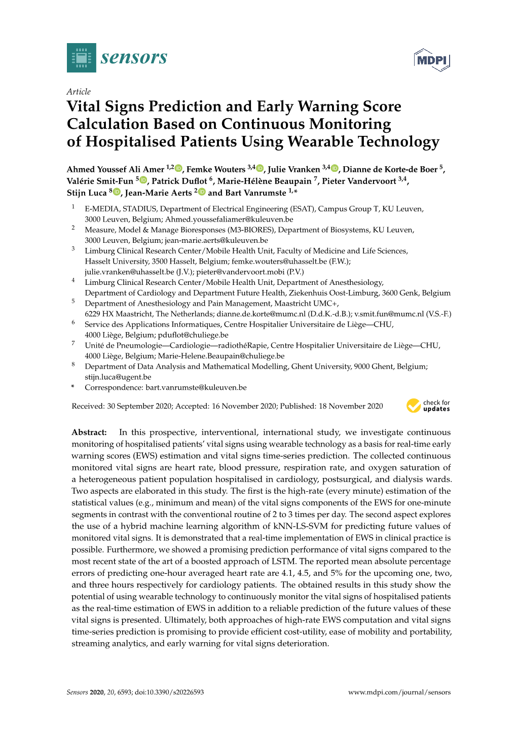 Vital Signs Prediction and Early Warning Score Calculation Based on Continuous Monitoring of Hospitalised Patients Using Wearable Technology