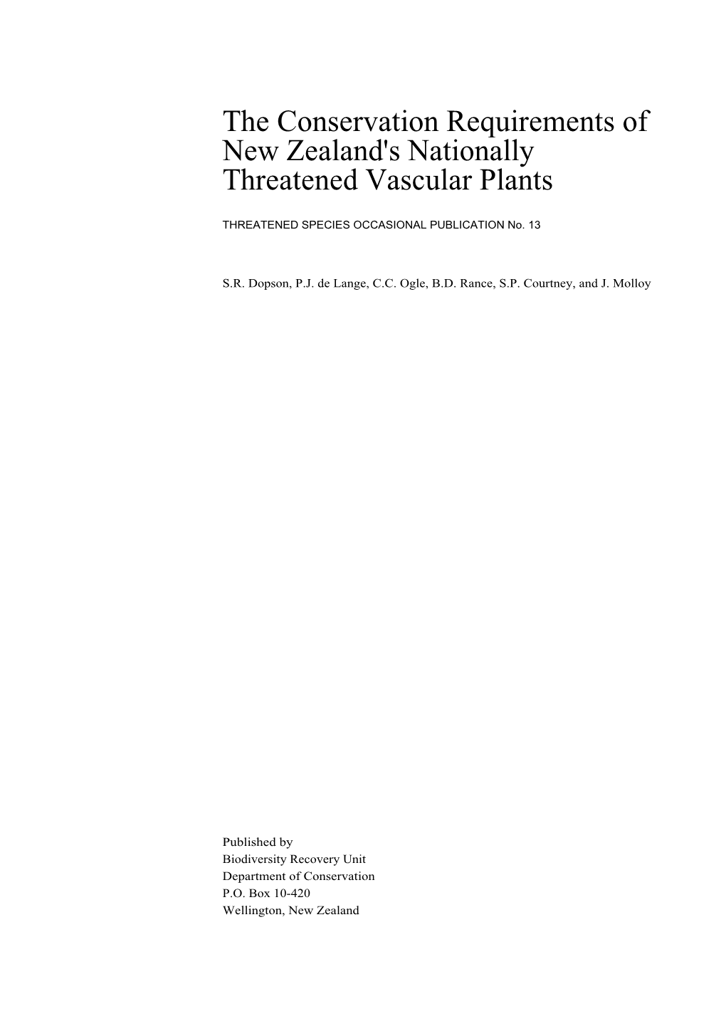 The Conservation Requirements of New Zealand's Nationally Threatened Vascular Plants