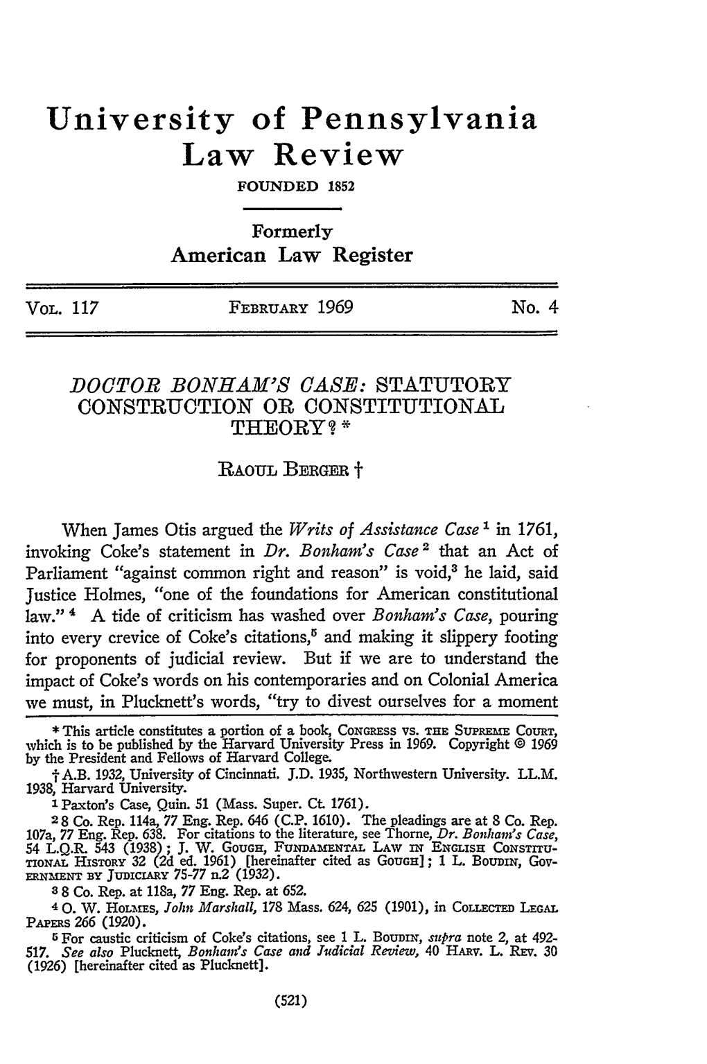 Doctor Bonham's Case: Statutory Construction Or Constitutional Theory? *