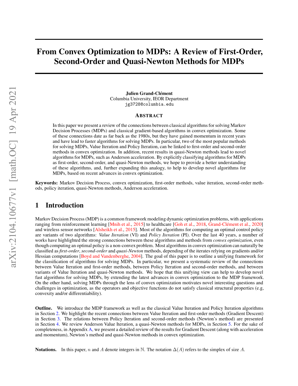 From Convex Optimization to Mdps: a Review of First-Order, Second