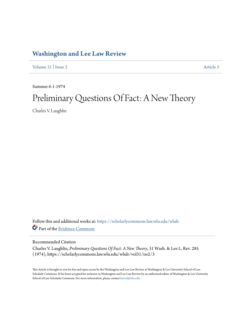 Preliminary Questions of Fact: a New Theory Charles V