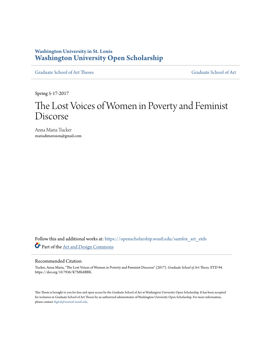 The Lost Voices of Women in Poverty and Feminist Discorse Anna Maria Tucker Mariadimension@Gmail.Com