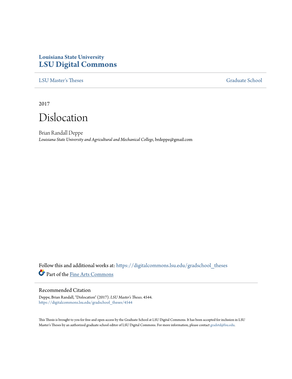 Dislocation Brian Randall Deppe Louisiana State University and Agricultural and Mechanical College, Brdeppe@Gmail.Com