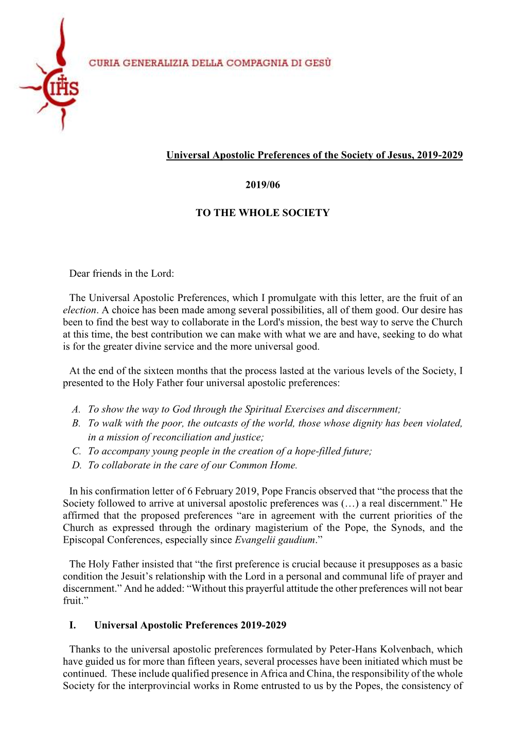 Universal Apostolic Preferences of the Society of Jesus, 2019-2029