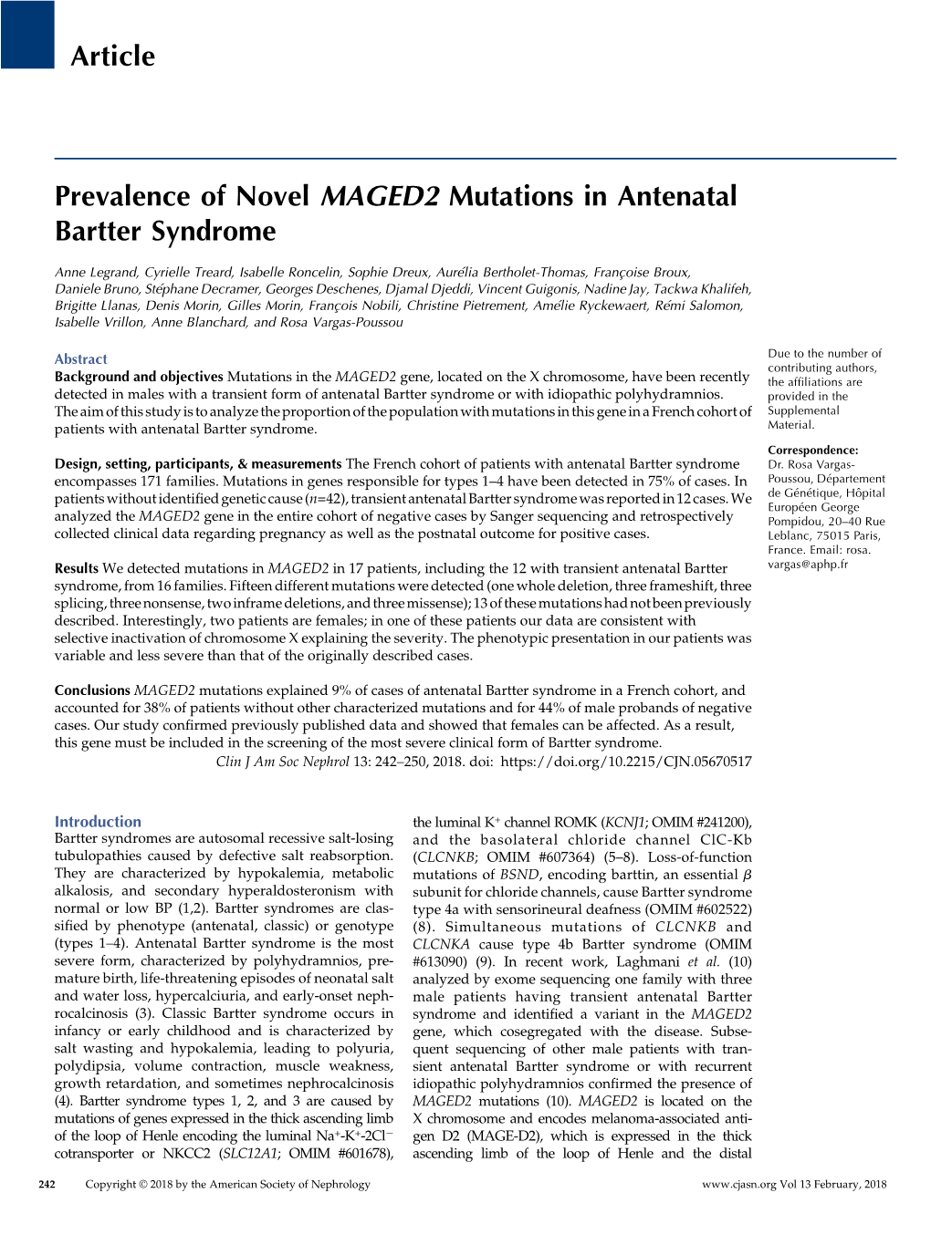 Prevalence of Novel MAGED2 Mutations in Antenatal Bartter Syndrome