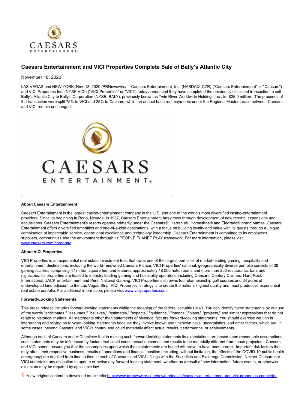 Caesars Entertainment and VICI Properties Complete Sale of Bally's Atlantic City