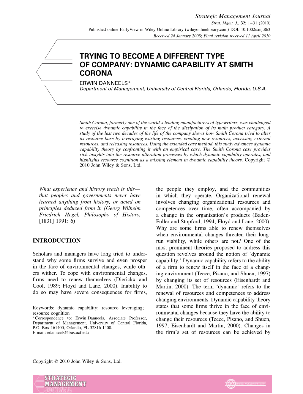 DYNAMIC CAPABILITY at SMITH CORONA ERWIN DANNEELS* Department of Management, University of Central Florida, Orlando, Florida, U.S.A