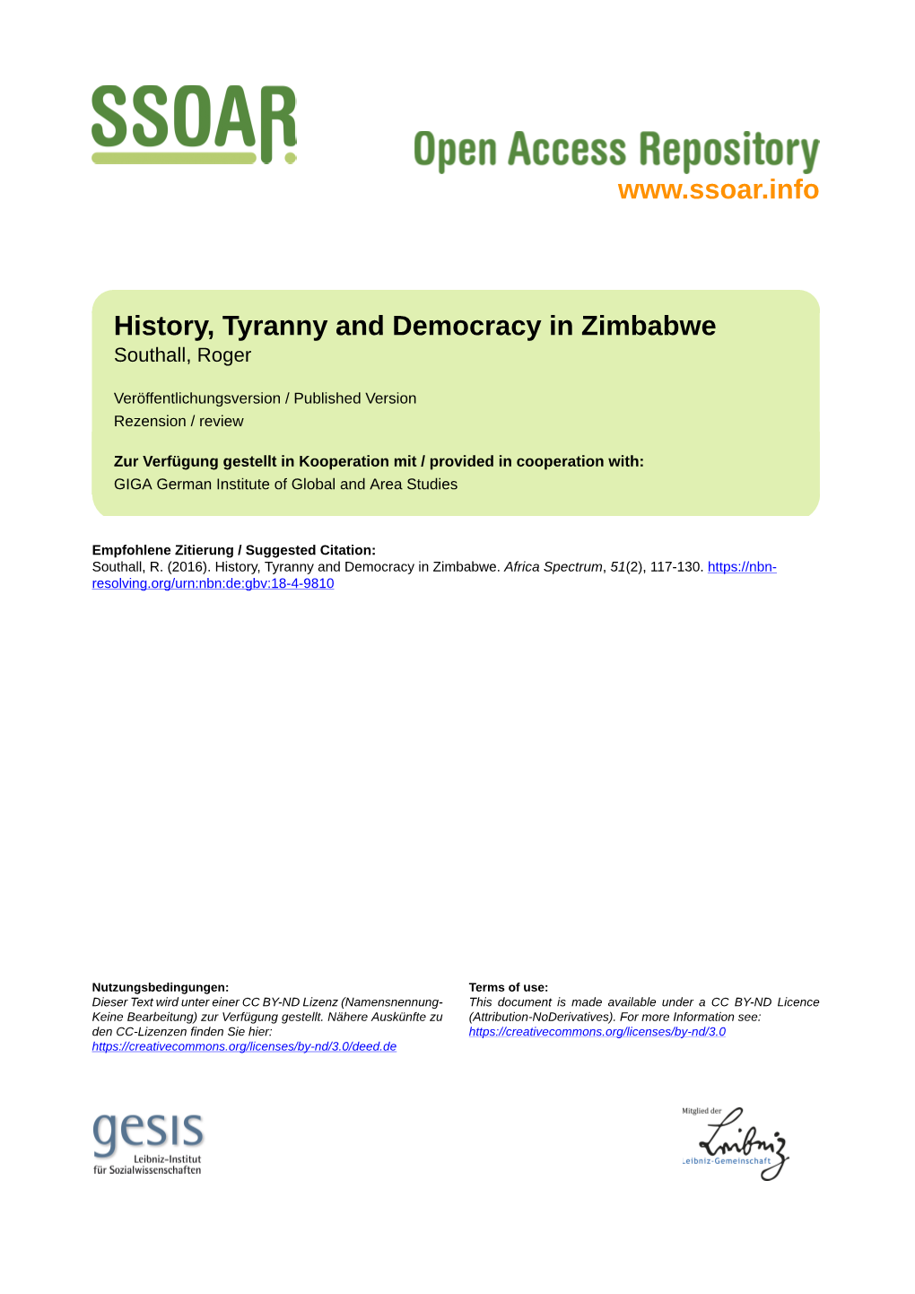 History, Tyranny, and Democracy in Zimbabwe, In: Africa Spectrum, 51, 2, 117–130