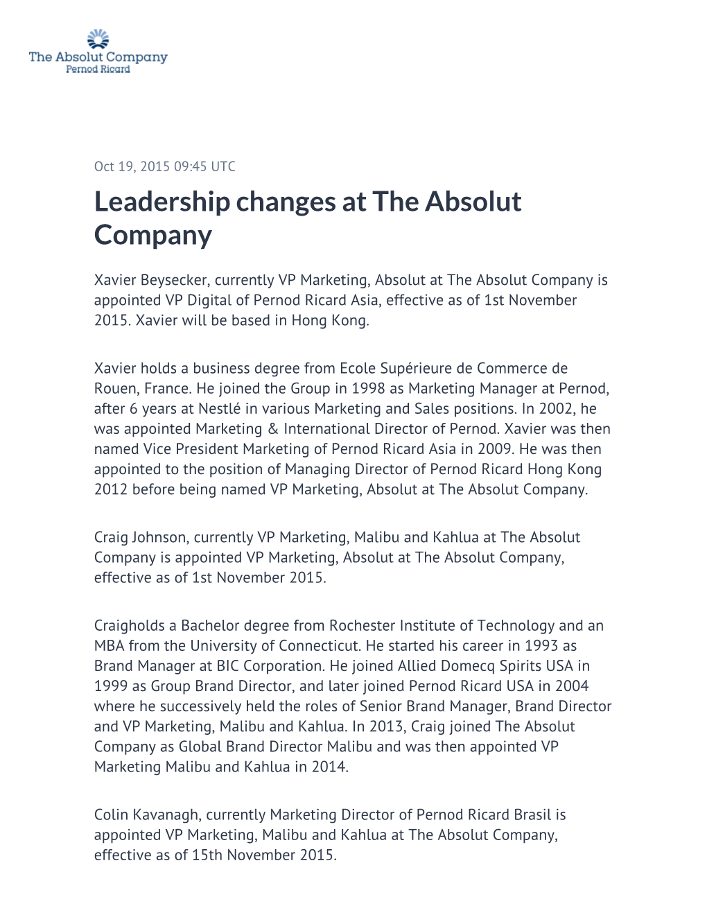 Leadership Changes at the Absolut Company