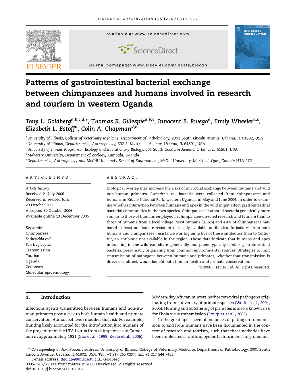 Patterns of Gastrointestinal Bacterial Exchange Between Chimpanzees and Humans Involved in Research and Tourism in Western Uganda