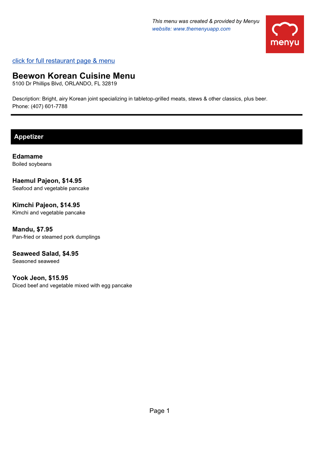 Beewon Korean Cuisine Menu 5100 Dr Phillips Blvd, ORLANDO, FL 32819