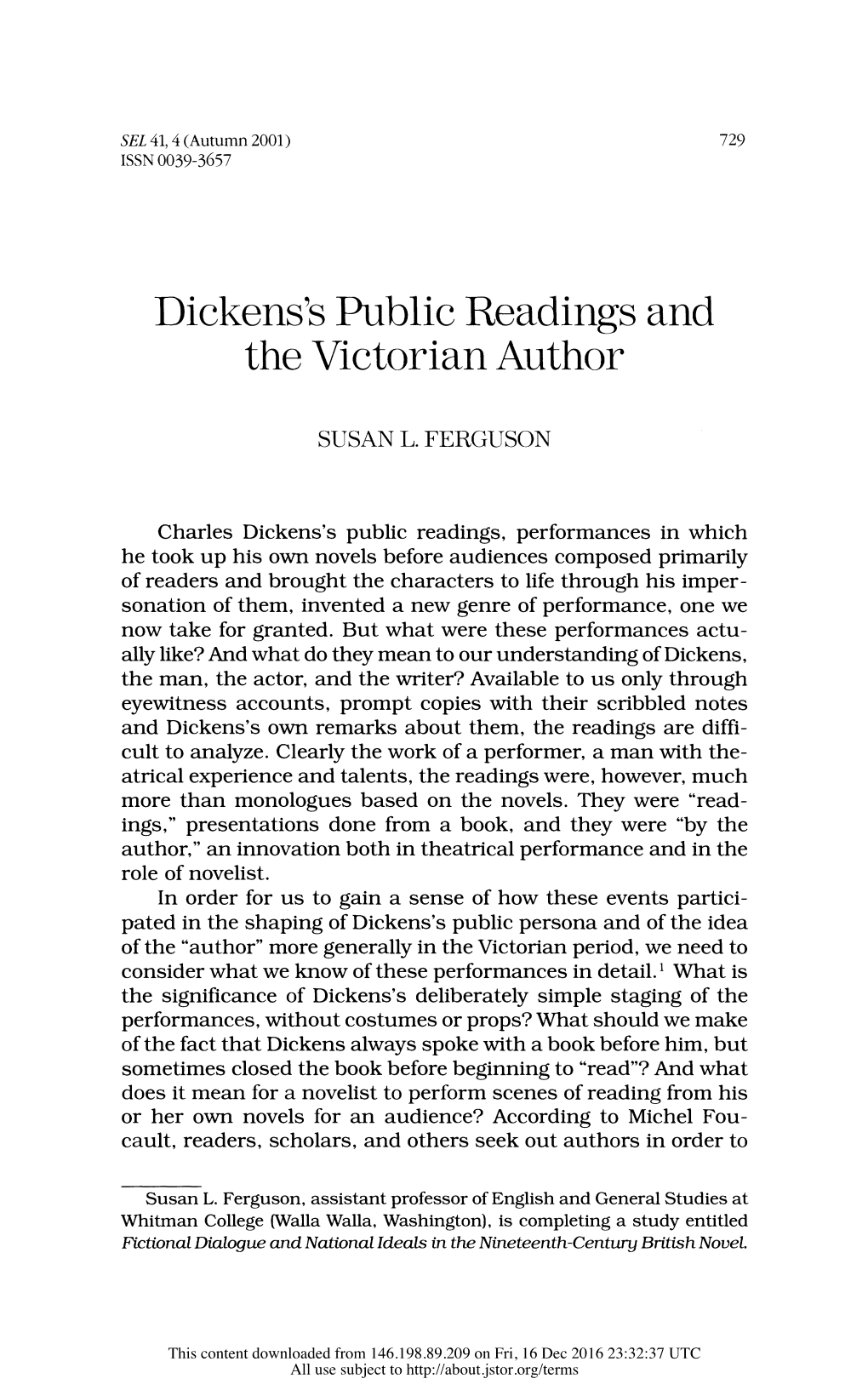 Dickens's Public Readings and the Victorian Author