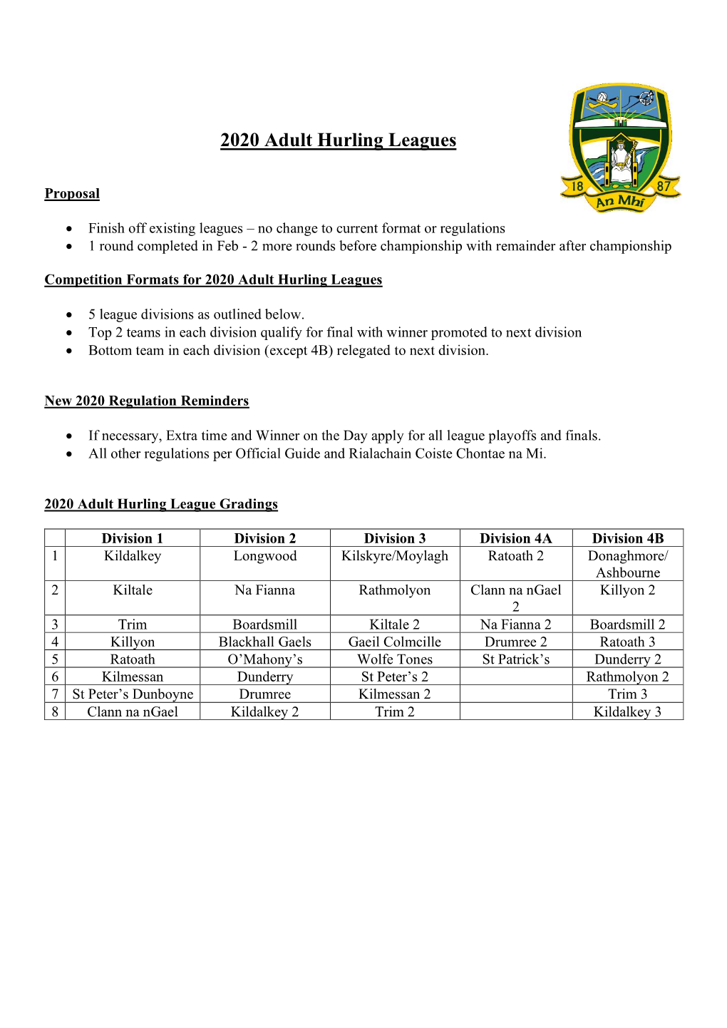 2020 Adult Hurling Leagues