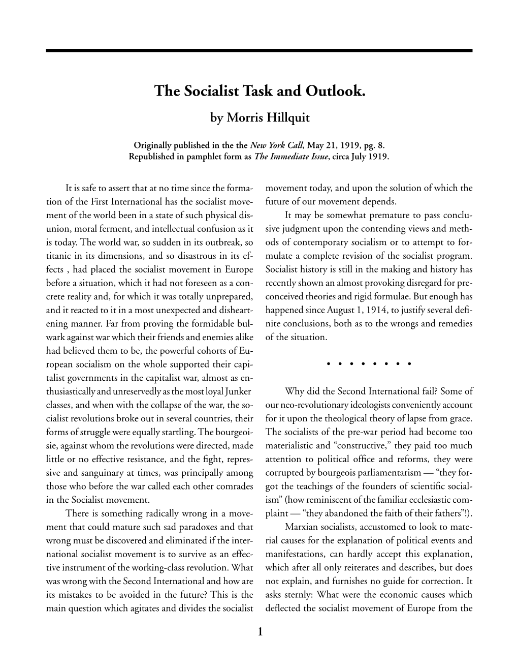 The Socialist Task and Outlook. by Morris Hillquit