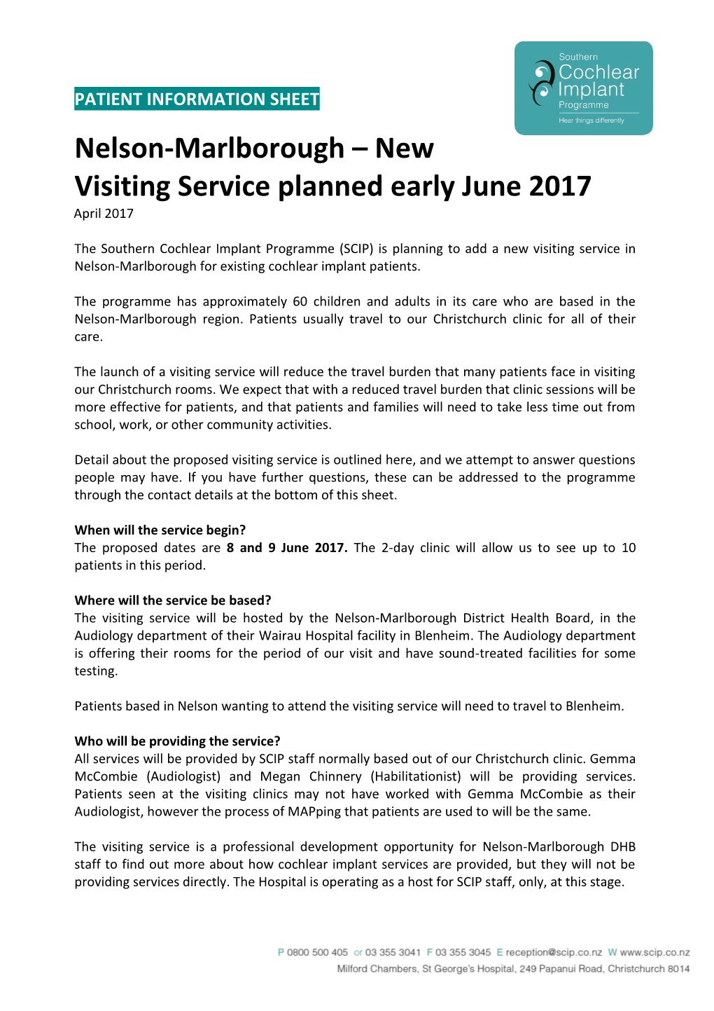 Nelson-Marlborough – New Visiting Service Planned Early June 2017 April 2017