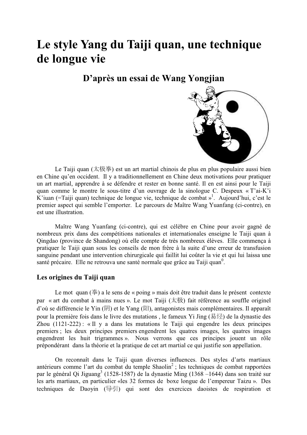 Le Style Yang Du Taiji Quan, Une Technique De Longue Vie D’Après Un Essai De Wang Yongjian