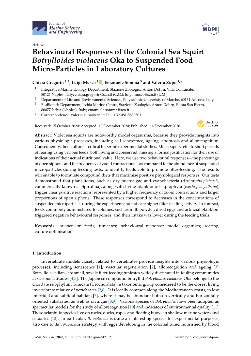 Behavioural Responses of the Colonial Sea Squirt Botrylloides Violaceus Oka to Suspended Food Micro-Particles in Laboratory Cultures