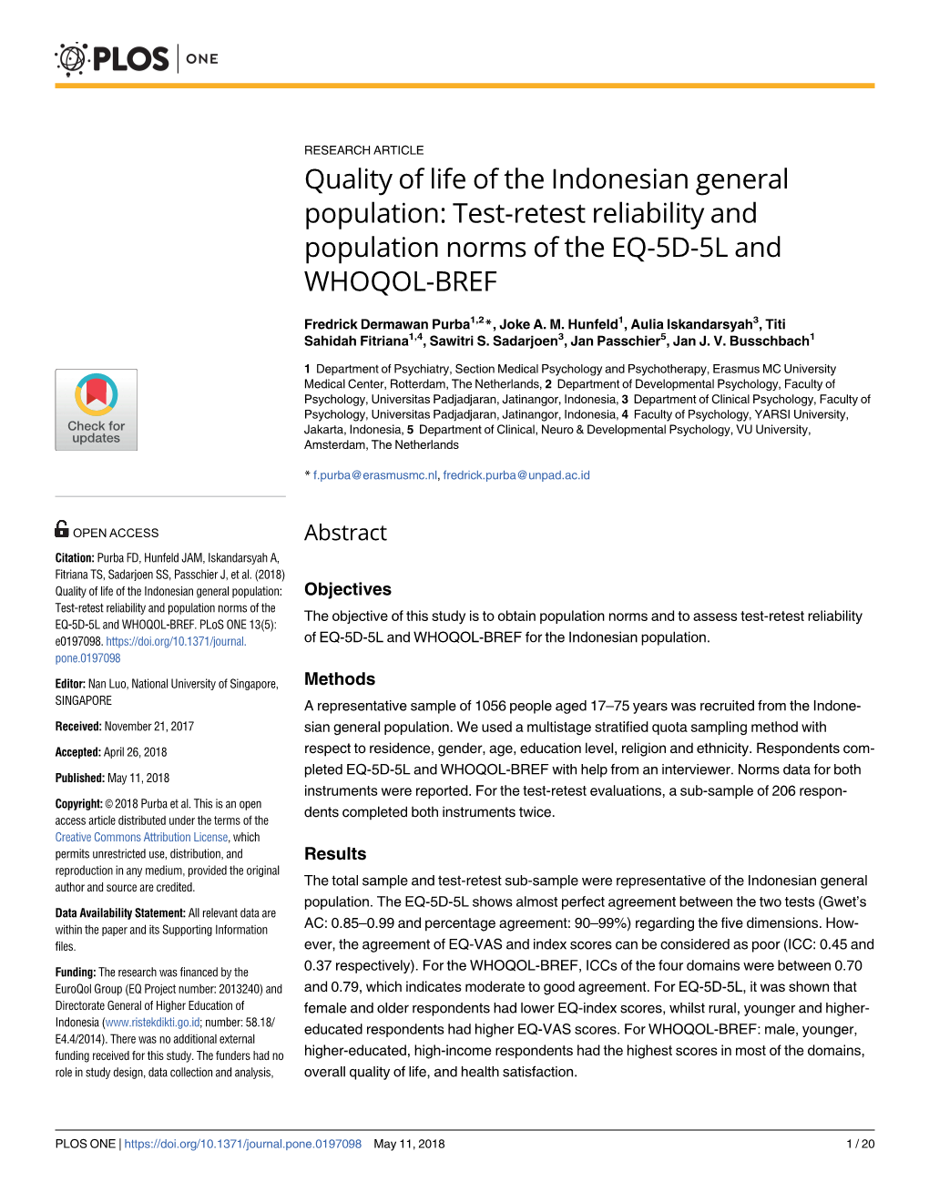 Test-Retest Reliability and Population Norms of the EQ-5D-5L and WHOQOL-BREF