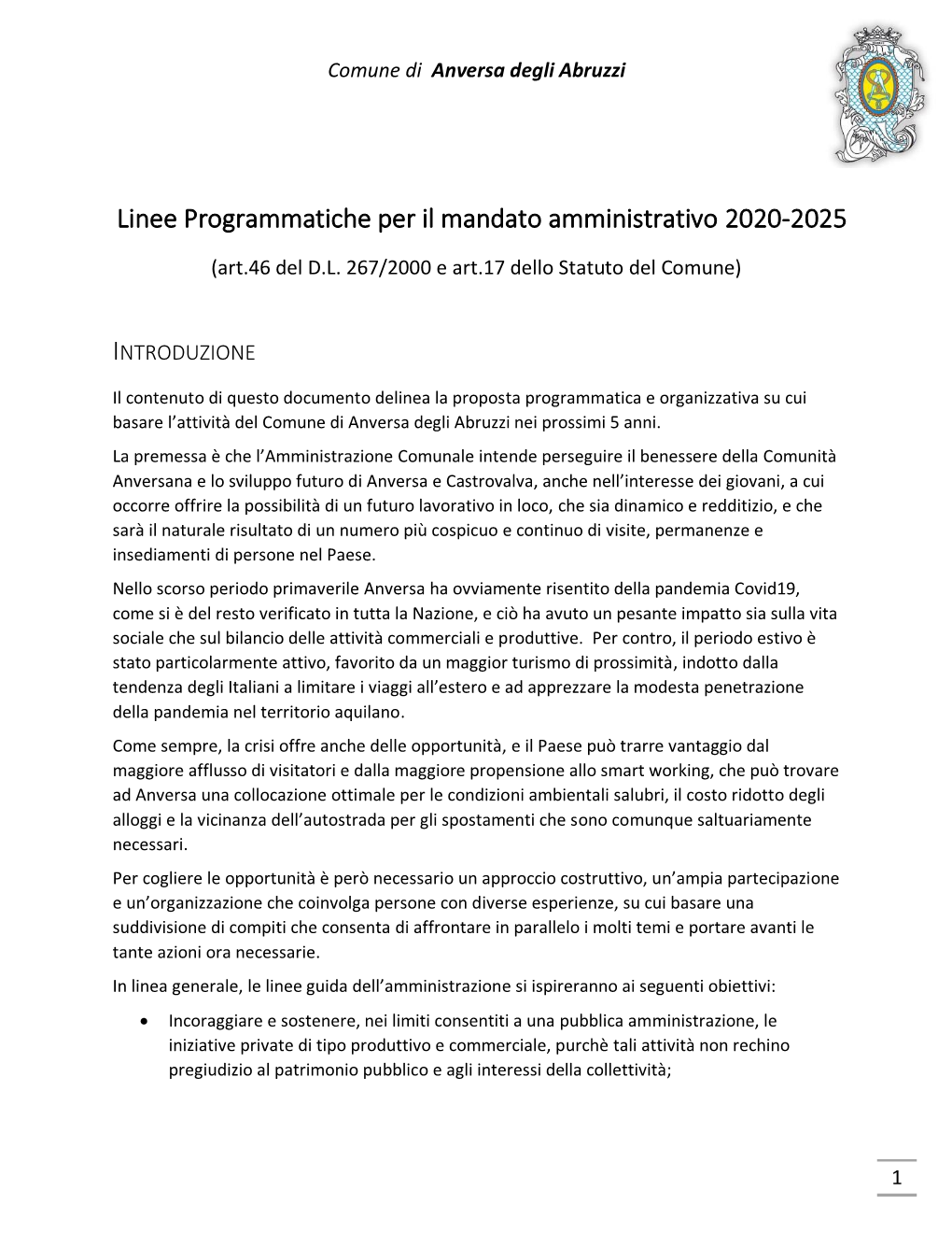 Linee Programmatiche Per Il Mandato Amministrativo 2020-2025