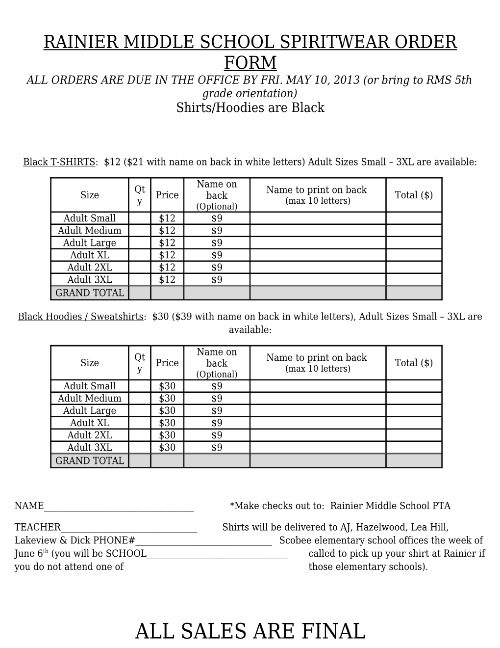 Rainier Middle School Spiritwear Order Form