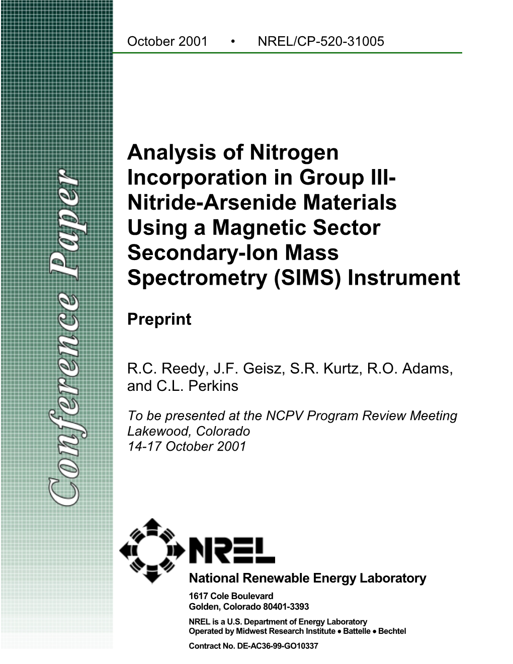 Analysis of Nitrogen Incorporation in Group III-Nitride-Arsenide Materials Using a Magnetic Sector Secondary-Ion Mass Spectrometry (SIMS) Instrument