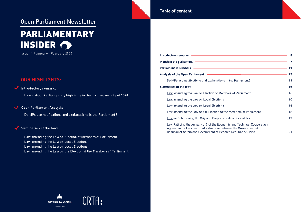 Open Parliament Newsletter PARLIAMENTARY INSIDER Issue 11 / January - February 2020 Introductory Remarks 5