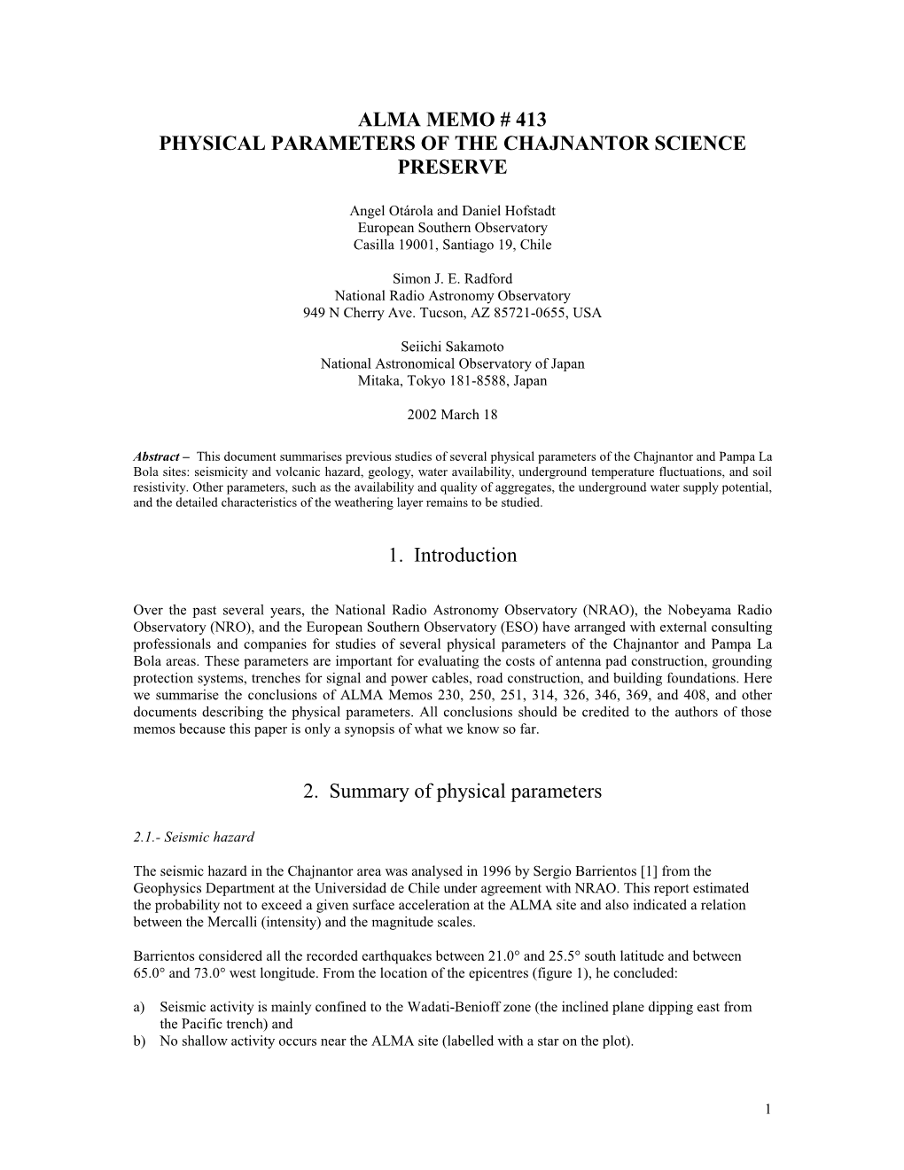 Summary of Physical Parameters Measured for the Chajnantor Site