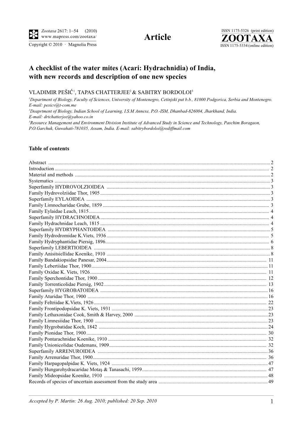 Zootaxa, a Checklist of the Water Mites (Acari: Hydrachnidia)