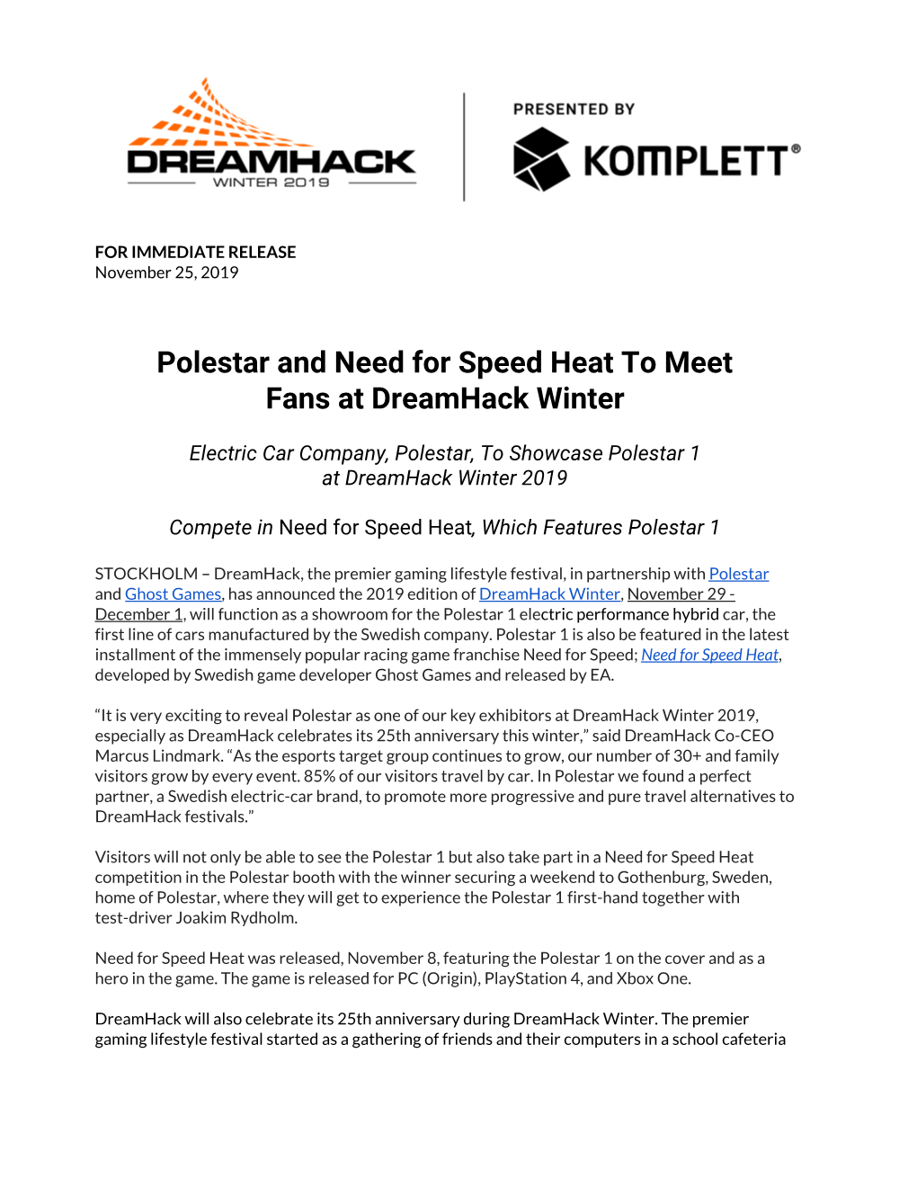 Polestar and Need for Speed Heat to Meet Fans at Dreamhack Winter