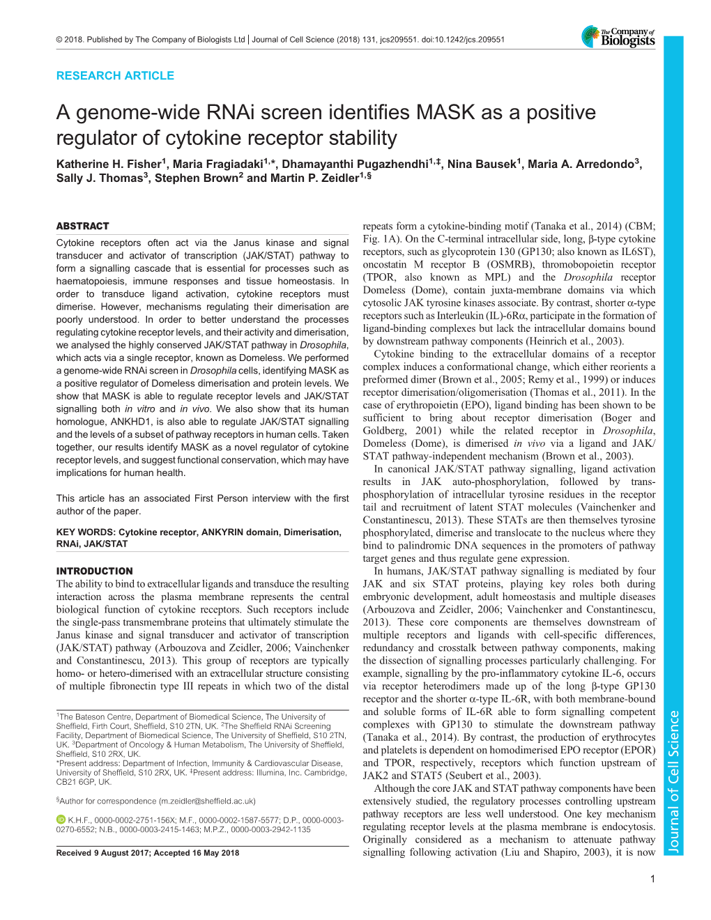 A Genome-Wide Rnai Screen Identifies MASK As a Positive Regulator of Cytokine Receptor Stability Katherine H