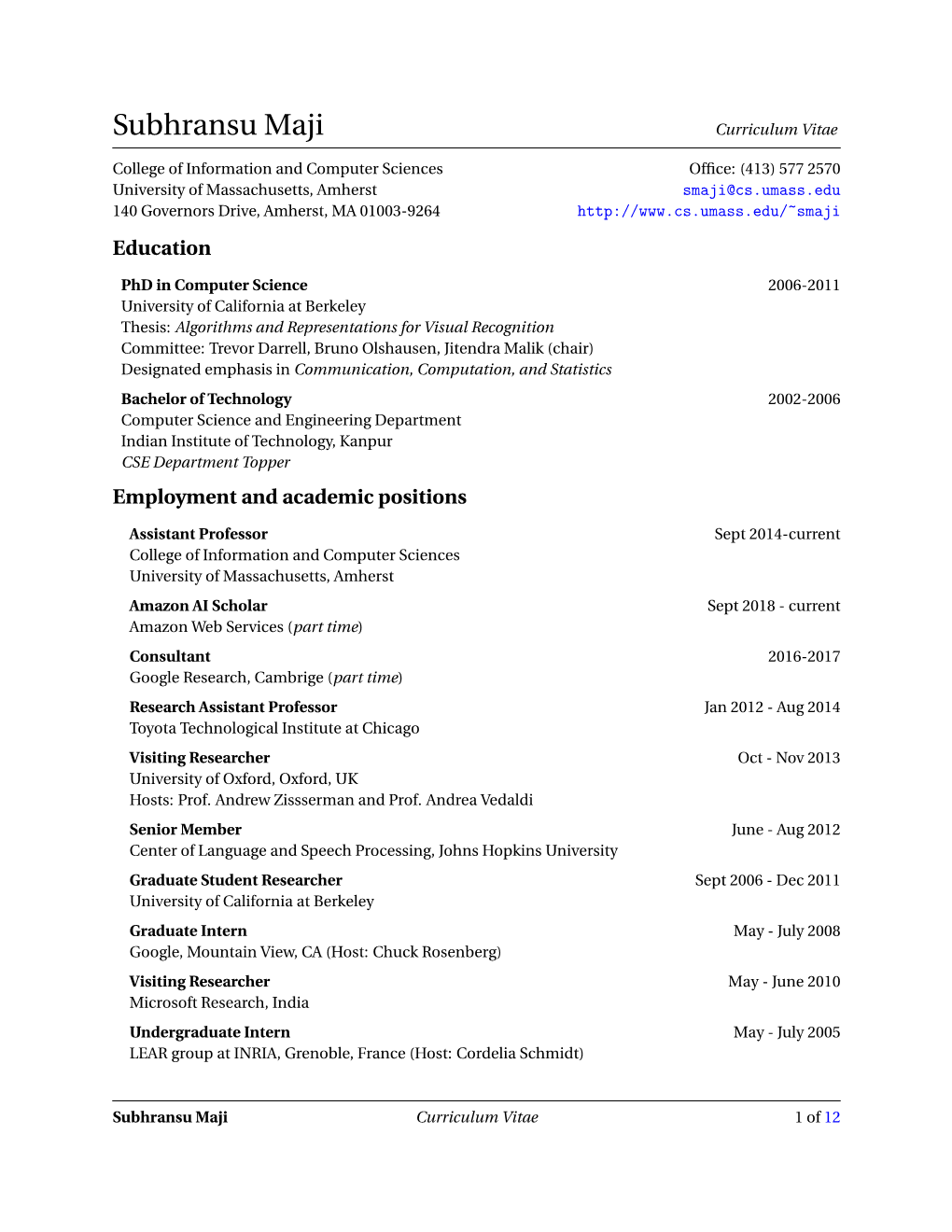 Subhransu Maji Curriculum Vitae