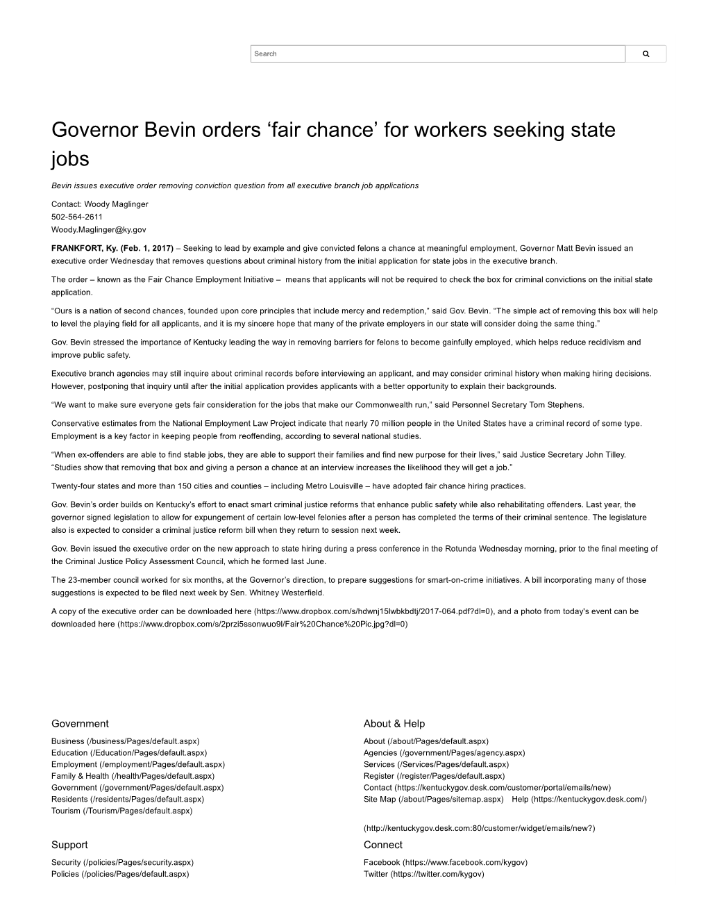 Governor Bevin Orders 'Fair Chance' for Workers Seeking State Jobs