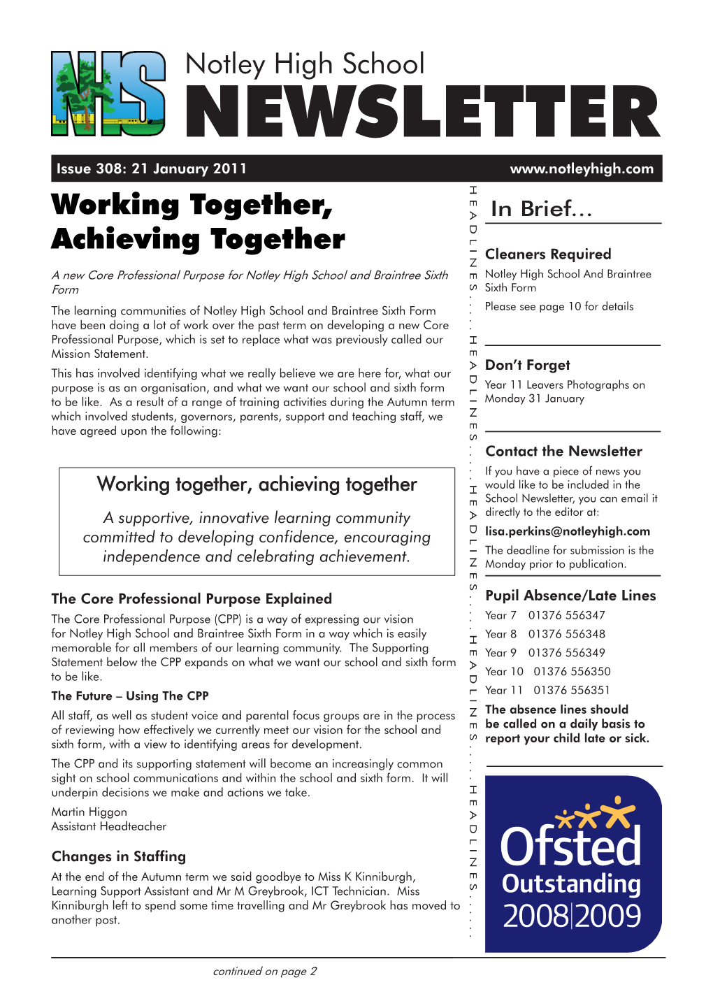 Notley High School NEWSLETTER Issue 308: 21 January 2011
