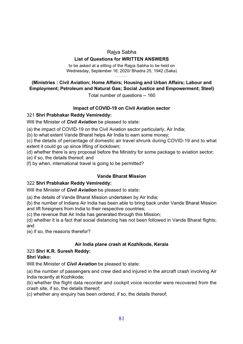 Rajya Sabha List of Questions for WRITTEN ANSWERS to Be Asked at a Sitting of the Rajya Sabha to Be Held on Wednesday, September 16, 2020/ Bhadra 25, 1942 (Saka)