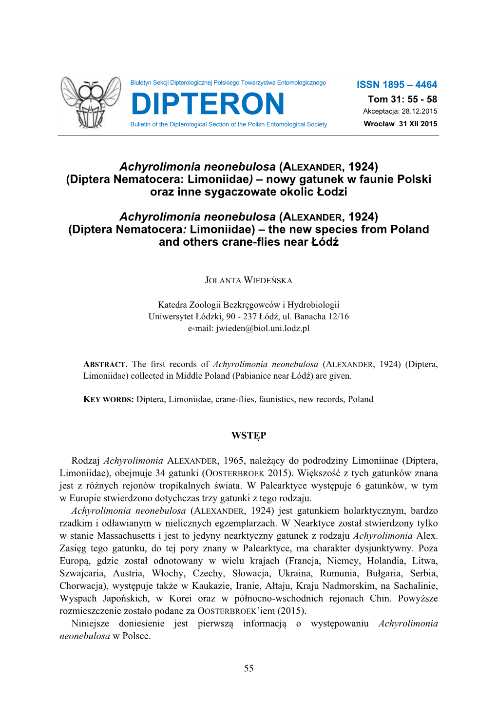 DIPTERON Bulletin of the Dipterological Section of the Polish Entomological Society Wrocław 31 XII 2015