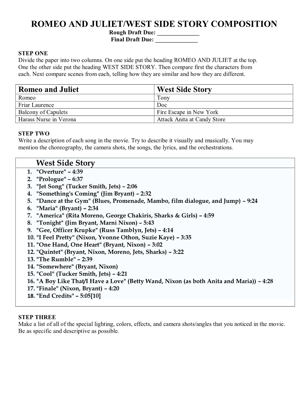 ROMEO and JULIET/WEST SIDE STORY COMPOSITION Rough Draft Due: ______Final Draft Due: ______