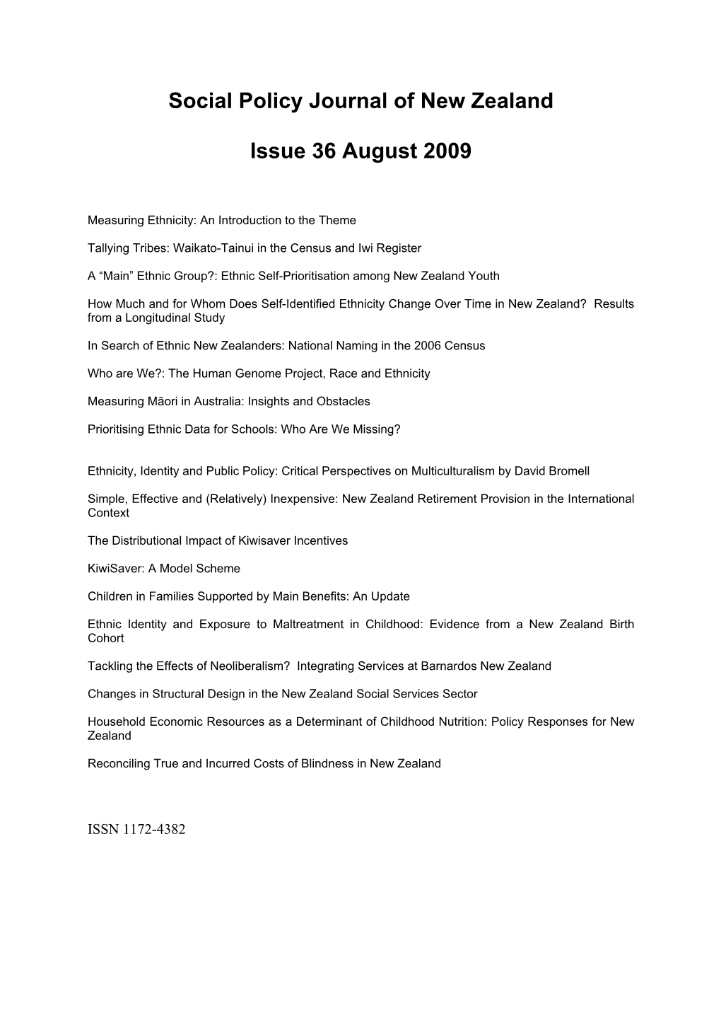 Social Policy Journal of New Zealand Issue 36 August 2009