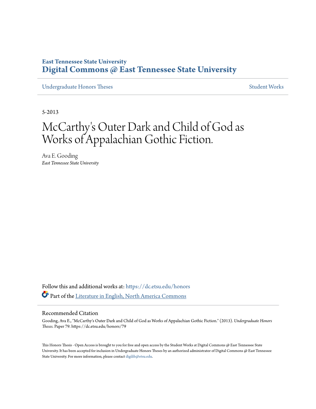 Mccarthy's Outer Dark and Child of God As Works of Appalachian Gothic Fiction