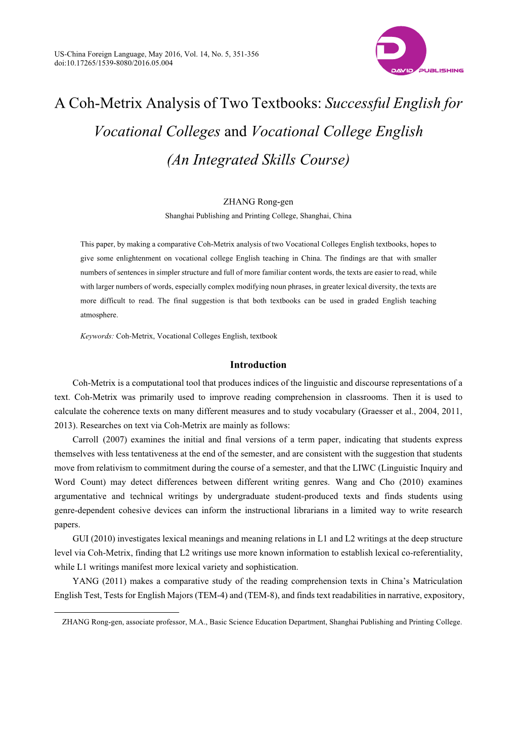A Coh-Metrix Analysis of Two Textbooks: Successful English for Vocational Colleges and Vocational College English (An Integrated Skills Course)