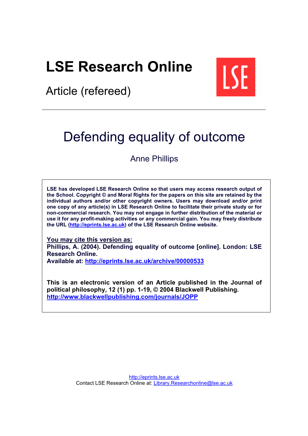 Defending Equality of Outcome