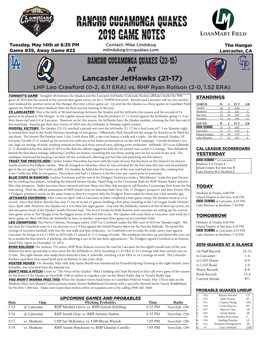 Rancho Cucamonga Quakes 2019 Game Notes