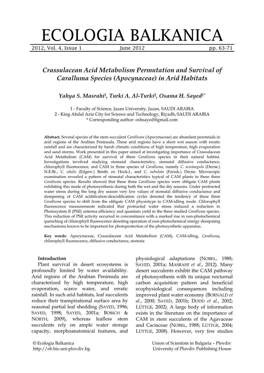 Crassulacean Acid Metabolism Permutation and Survival of Caralluma Species (Apocynaceae) in Arid Habitats