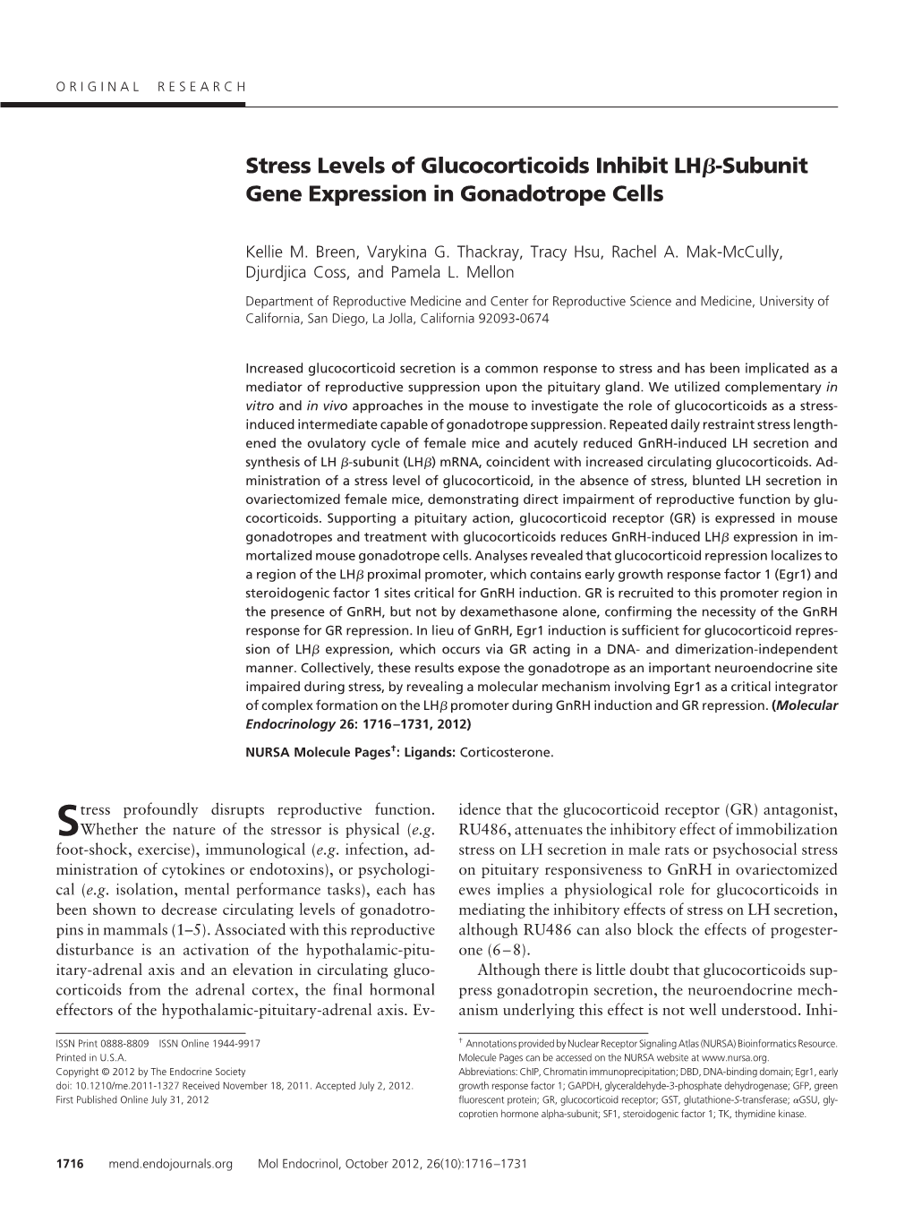 Stress Levels of Glucocorticoids Inhibit LHЯ-Subunit Gene Expression In