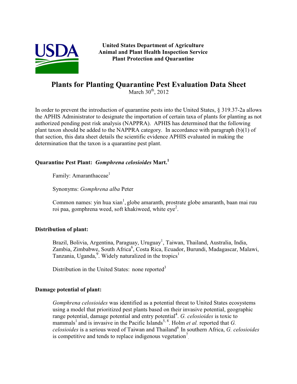 Plants for Planting Quarantine Pest Evaluation Data Sheet March 30Th, 2012