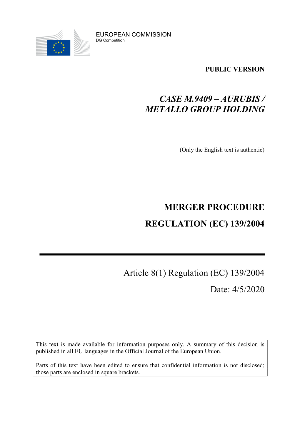 Case M.9409 – Aurubis / Metallo Group Holding Merger