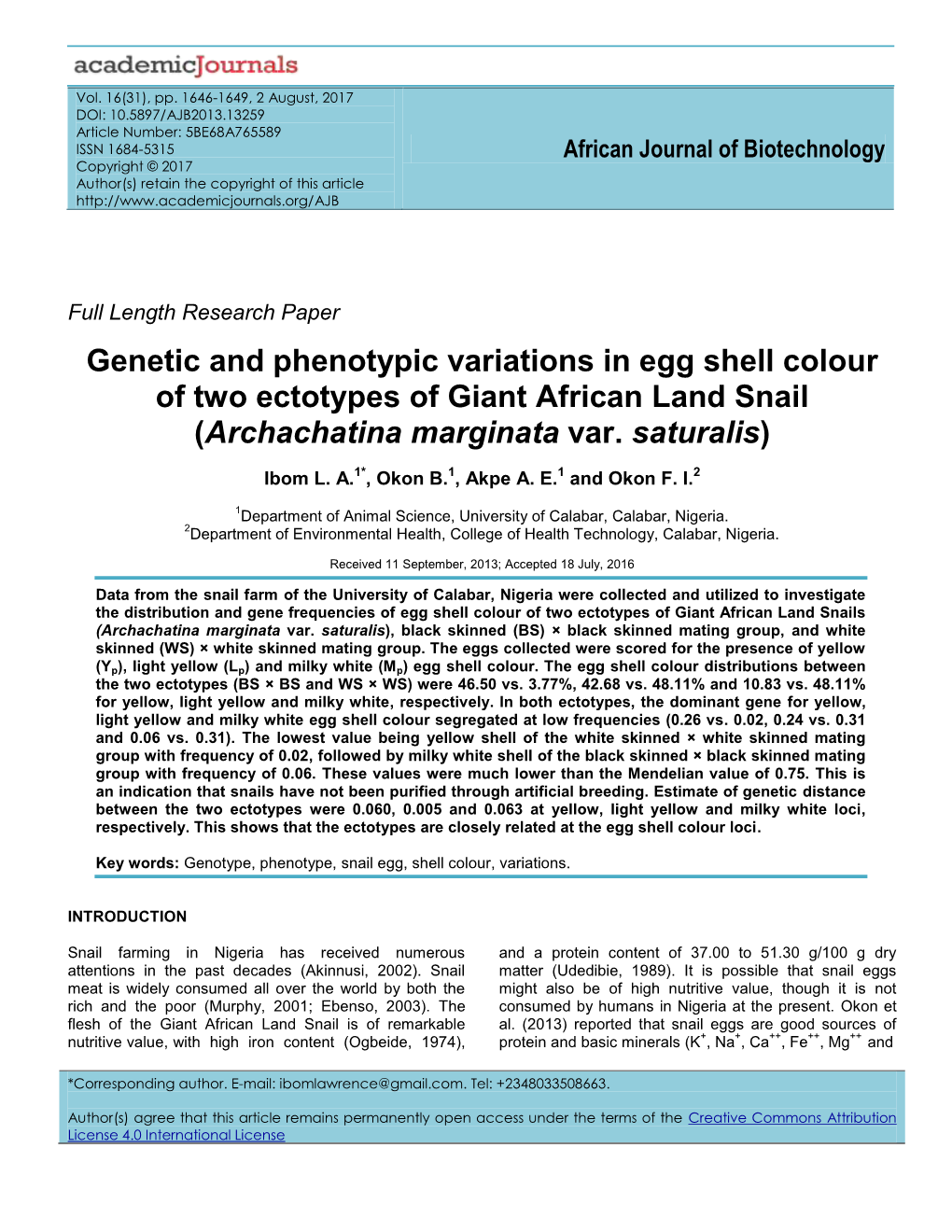 Genetic and Phenotypic Variations in Egg Shell Colour of Two Ectotypes of Giant African Land Snail (Archachatina Marginata Var
