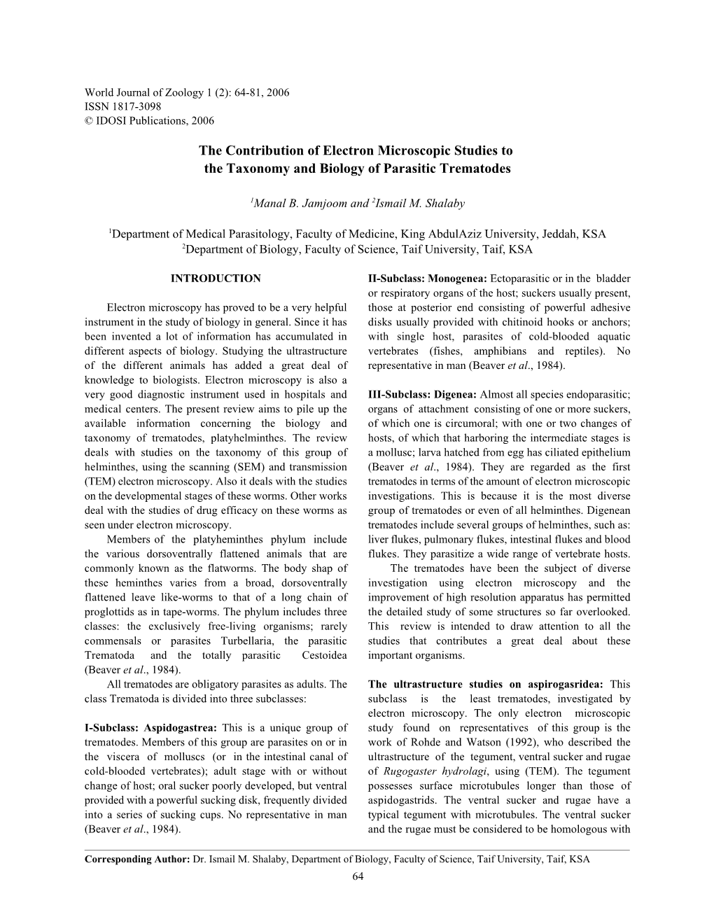 The Contribution of Electron Microscopic Studies to the Taxonomy and Biology of Parasitic Trematodes